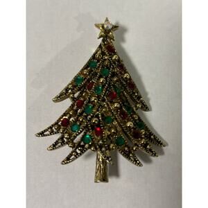 Vintage Hollycraft Christmas Tree Brooch Pin Green Red RhinestonesGold Tone